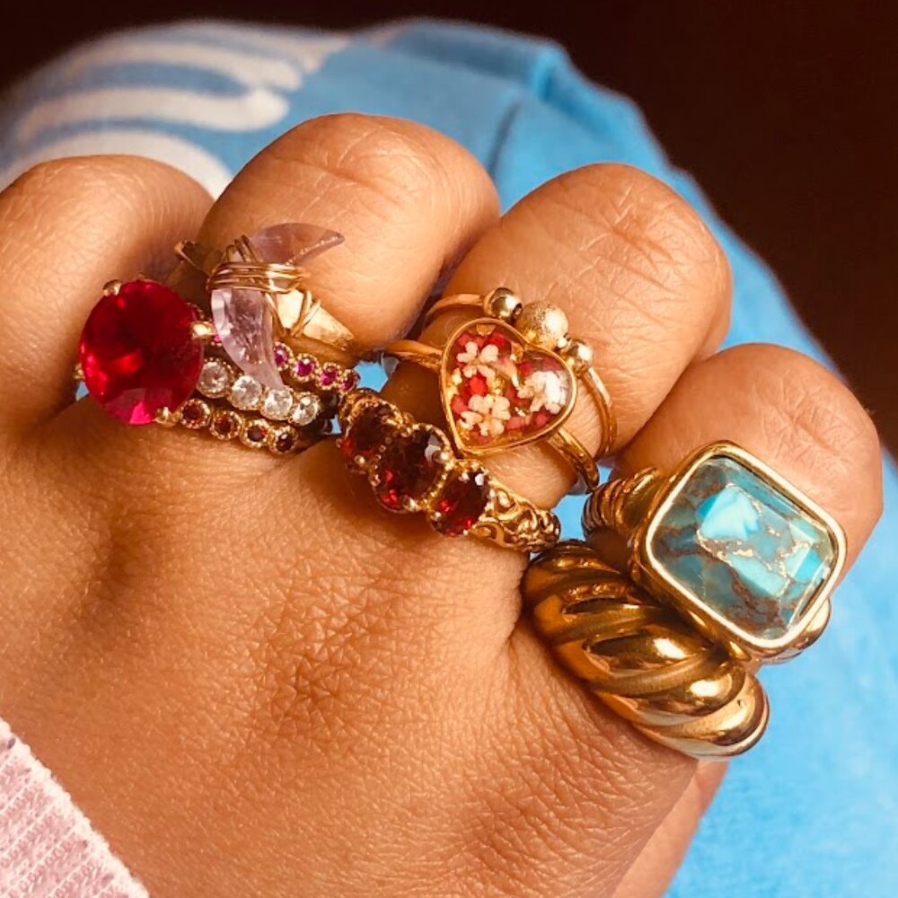 Trendy Gold Gemstone Rings Stack Set (Set of 9 rings) Size 5